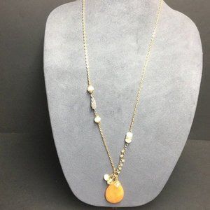 Orange Teardrop Pendant Necklace Faceted Long Gold Chain Rhinestone Dangle Retro